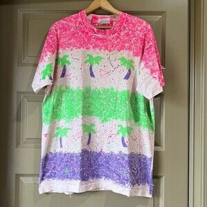 VTG Surf Mania Fruit of the Loom Neon Pink, Green Palm Tree Splatter T-shirt